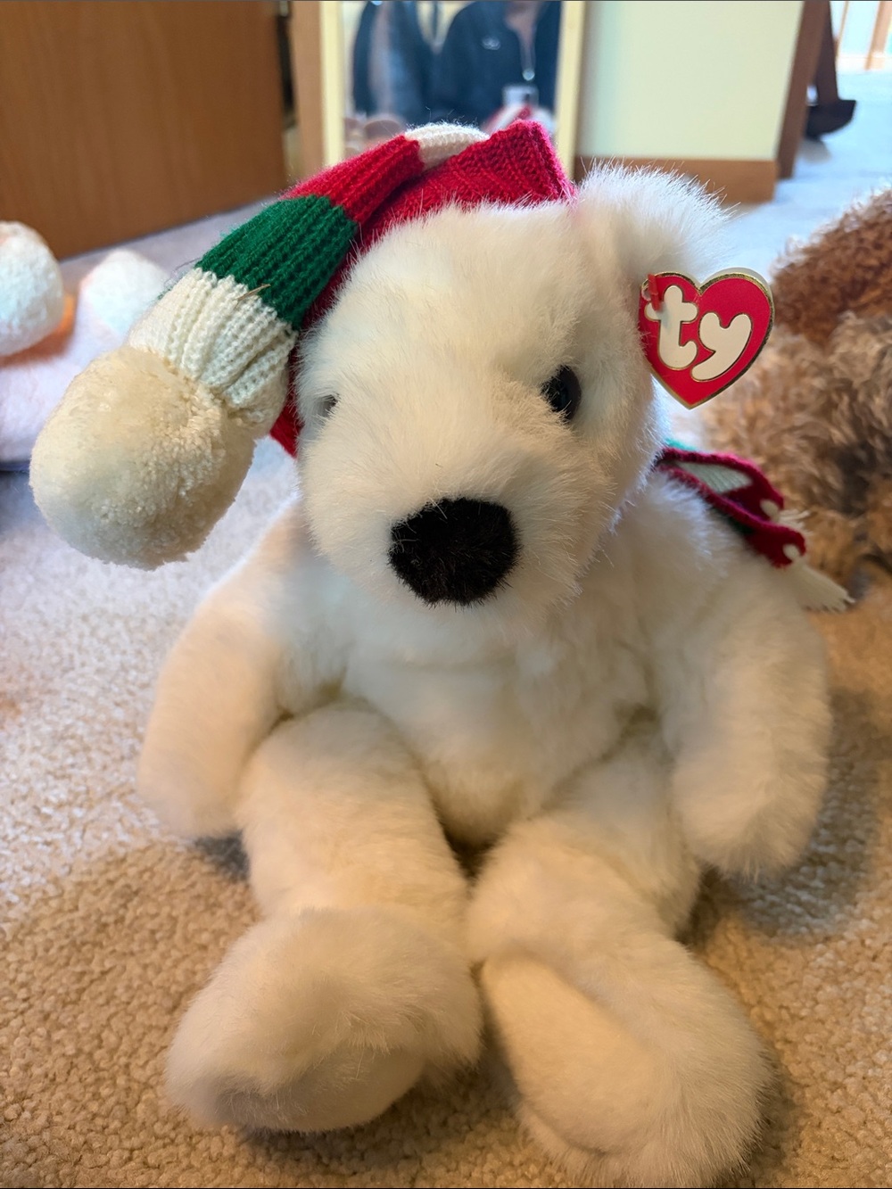 Ty White Plush Dog with Red & Green Holiday Hat